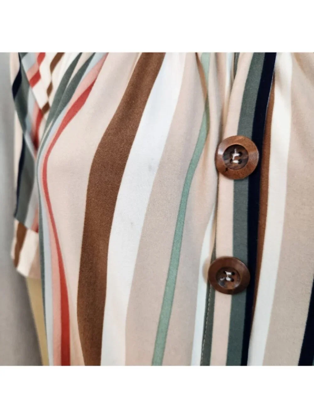 J for Justify Beige Brown Green Striped Scoop Neck Half Sleeve Shift Dress LARGE - Picture 6 of 7